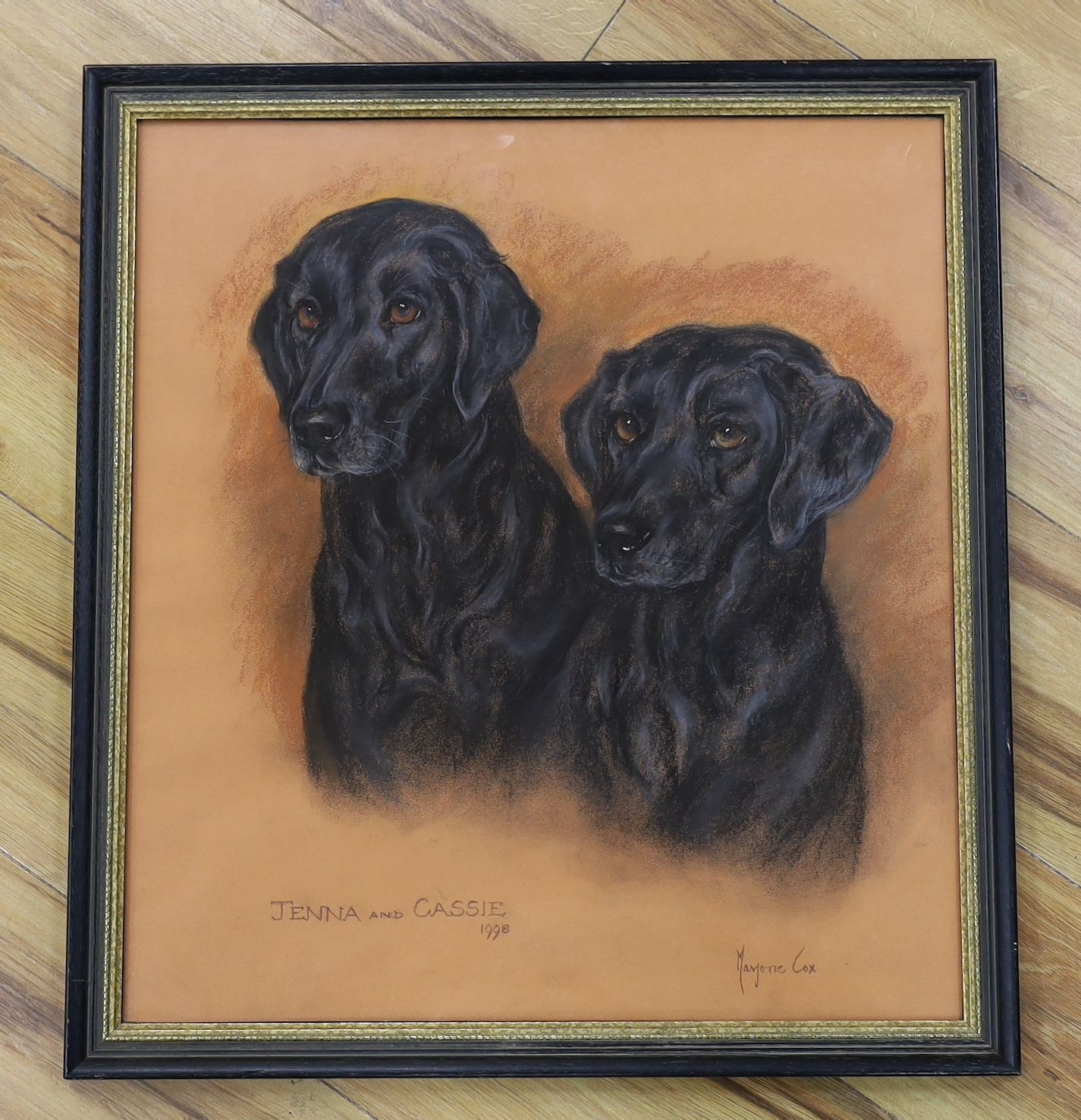 Marjorie Cox (1915-2003), pastel, Portrait of two black labradors, Jenna and Cassie, signed and dated 1998, 50 x 45cm